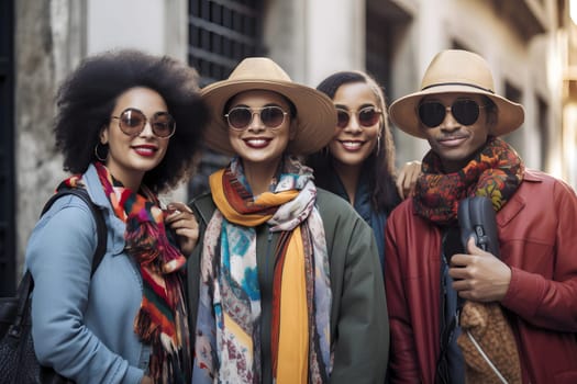 smiling african american tourists, close group portrait. Neural network generated in May 2023. Not based on any actual person, scene or pattern.