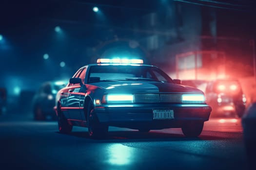 Police car on night city street with lights on. Neural network generated in May 2023. Not based on any actual person, scene or pattern.