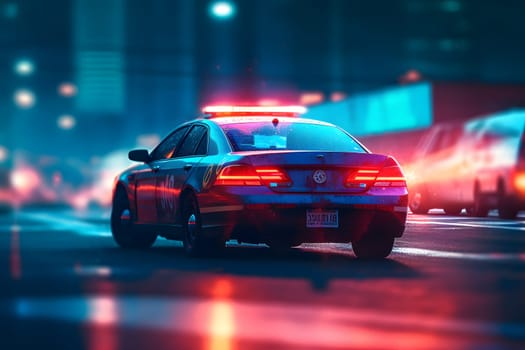 Police car on night city street with lights on. Neural network generated in May 2023. Not based on any actual person, scene or pattern.