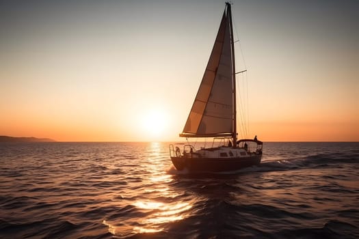 Sailing yacht boat on ocean water at sunrise. Neural network generated in May 2023. Not based on any actual person, scene or pattern.