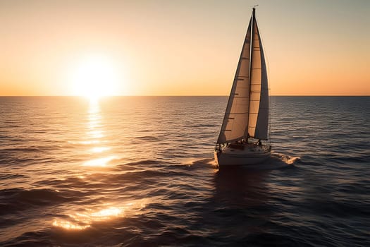Sailing yacht boat on ocean water at sunrise. Neural network generated in May 2023. Not based on any actual person, scene or pattern.