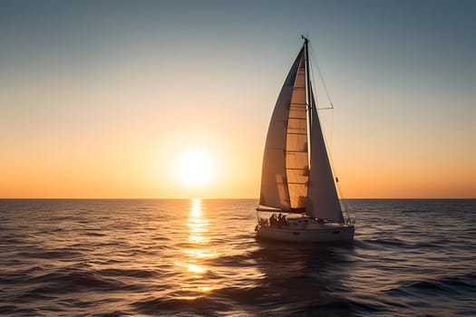 Sailing yacht boat on ocean water at sunrise. Neural network generated in May 2023. Not based on any actual person, scene or pattern.