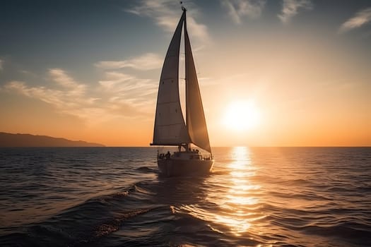 Sailing yacht boat on ocean water at sunrise. Neural network generated in May 2023. Not based on any actual person, scene or pattern.