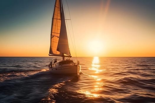 Sailing yacht boat on ocean water at sunrise. Neural network generated in May 2023. Not based on any actual person, scene or pattern.