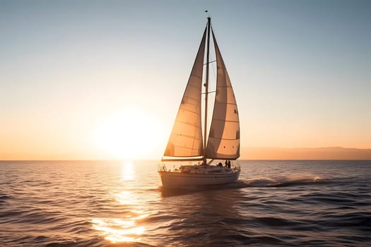 Sailing yacht boat on ocean water at sunrise. Neural network generated in May 2023. Not based on any actual person, scene or pattern.