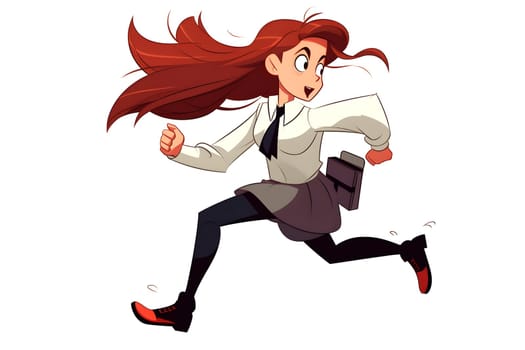 Skittish office girl running on white background, cartoon style. Neural network generated in May 2023. Not based on any actual person, scene or pattern.