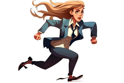 Skittish office girl running on white background, cartoon style. Neural network generated in May 2023. Not based on any actual person, scene or pattern.