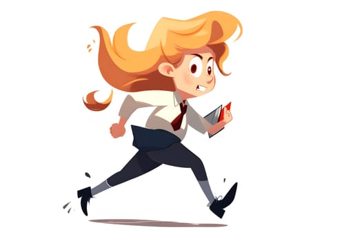 Skittish office girl running on white background, cartoon style. Neural network generated in May 2023. Not based on any actual person, scene or pattern.