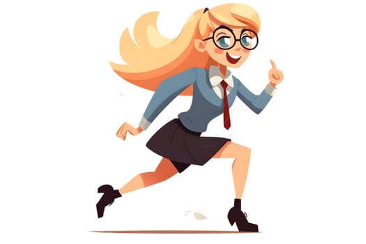 Skittish office girl running on white background, cartoon style. Neural network generated in May 2023. Not based on any actual person, scene or pattern.