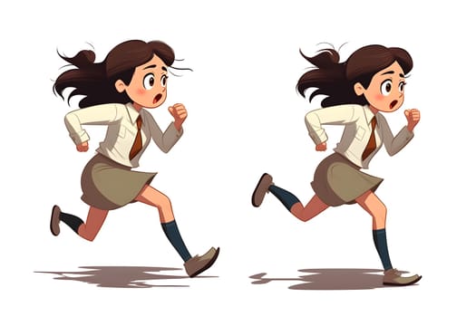 Skittish office girl running on white background, cartoon style. Neural network generated in May 2023. Not based on any actual person, scene or pattern.