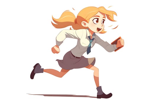 Skittish office girl running on white background, cartoon style. Neural network generated in May 2023. Not based on any actual person, scene or pattern.
