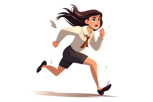 Skittish office girl running on white background, cartoon style. Neural network generated in May 2023. Not based on any actual person, scene or pattern.