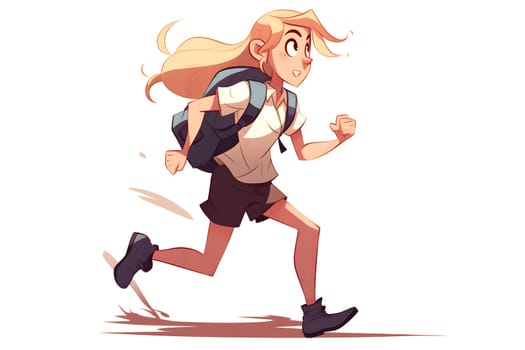 Skittish office girl running on white background, cartoon style. Neural network generated in May 2023. Not based on any actual person, scene or pattern.