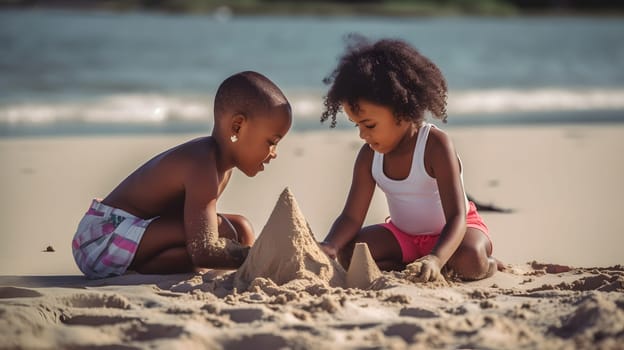 African american hildren making sand castles on the beach. Neural network generated in May 2023. Not based on any actual person, scene or pattern.