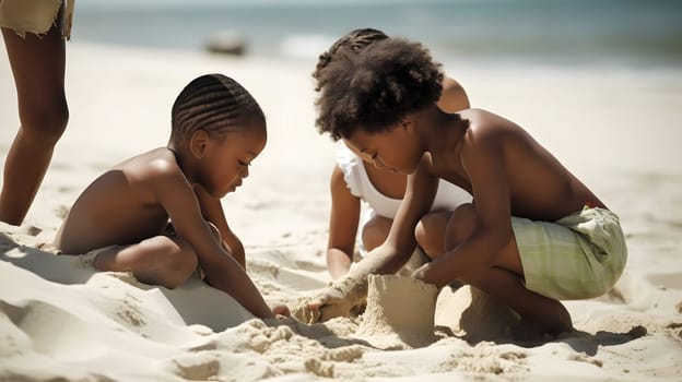 African american hildren making sand castles on the beach. Neural network generated in May 2023. Not based on any actual person, scene or pattern.
