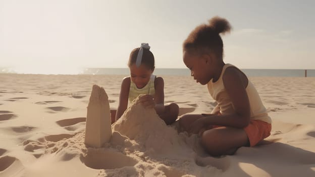 African american hildren making sand castles on the beach. Neural network generated in May 2023. Not based on any actual person, scene or pattern.