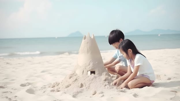 Asian children making sand castles on the beach. Neural network generated in May 2023. Not based on any actual person, scene or pattern.