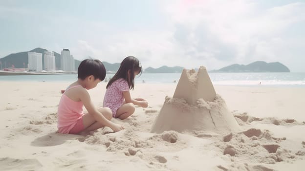 Asian children making sand castles on the beach. Neural network generated in May 2023. Not based on any actual person, scene or pattern.