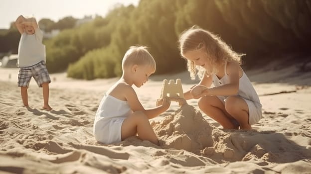 Children making sand castles on the beach. Neural network generated in May 2023. Not based on any actual person, scene or pattern.