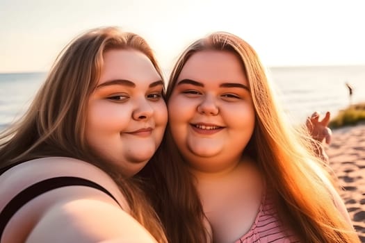 Two fat caucasian girls spending good time at the beach together. Neural network generated in May 2023. Not based on any actual person, scene or pattern.