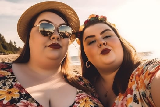 Two fat caucasian girls spending good time at the beach together. Neural network generated in May 2023. Not based on any actual person, scene or pattern.