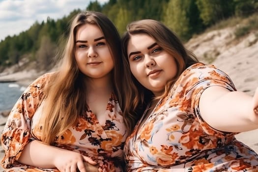 Two fat caucasian girls spending good time at the beach together. Neural network generated in May 2023. Not based on any actual person, scene or pattern.