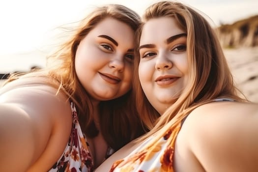 Two fat caucasian girls spending good time at the beach together. Neural network generated in May 2023. Not based on any actual person, scene or pattern.