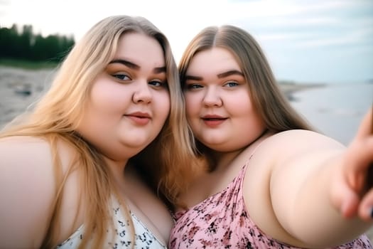 Two fat caucasian girls spending good time at the beach together. Neural network generated in May 2023. Not based on any actual person, scene or pattern.