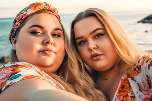 Two fat caucasian girls spending good time at the beach together. Neural network generated in May 2023. Not based on any actual person, scene or pattern.