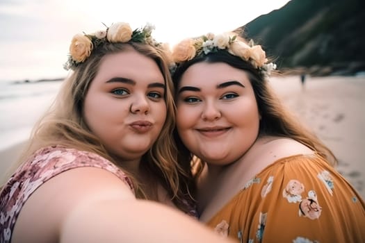 Two fat caucasian girls spending good time at the beach together. Neural network generated in May 2023. Not based on any actual person, scene or pattern.