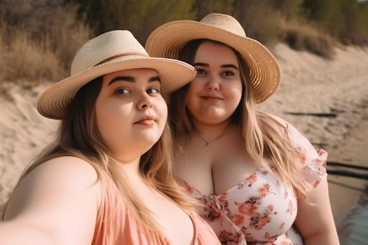 Two fat caucasian girls spending good time at the beach together. Neural network generated in May 2023. Not based on any actual person, scene or pattern.