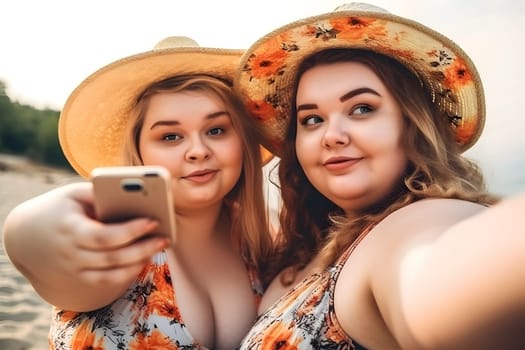 Two fat caucasian girls spending good time at the beach together. Neural network generated in May 2023. Not based on any actual person, scene or pattern.