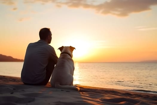 Friendship concept. Man and dog sitting together at sea beach and looking at sunset. Neural network generated in May 2023. Not based on any actual person, scene or pattern.