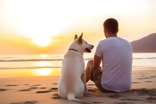 Friendship concept. Man and dog sitting together at sea beach and looking at sunset. Neural network generated in May 2023. Not based on any actual person, scene or pattern.