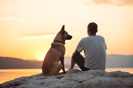 Friendship concept. Man and dog sitting together at sea beach and looking at sunset. Neural network generated in May 2023. Not based on any actual person, scene or pattern.