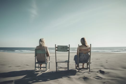 two women sitting on chairs at beach looking at sea horizon. Neural network generated in May 2023. Not based on any actual person, scene or pattern.