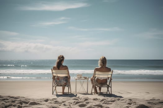 two women sitting on chairs at beach looking at sea horizon. Neural network generated in May 2023. Not based on any actual person, scene or pattern.