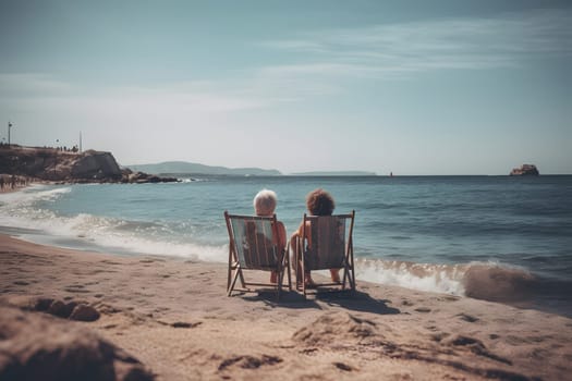 two women sitting on chairs at beach looking at sea horizon. Neural network generated in May 2023. Not based on any actual person, scene or pattern.