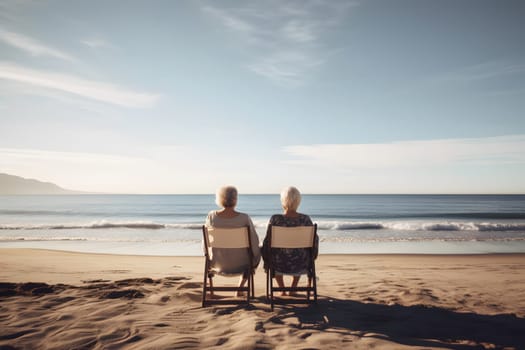 two women sitting on chairs at beach looking at sea horizon. Neural network generated in May 2023. Not based on any actual person, scene or pattern.