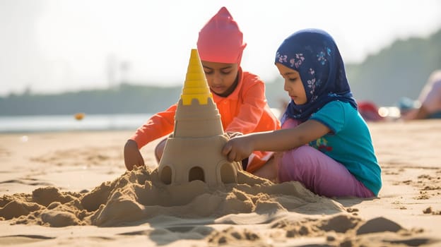 Muslim hildren making sand castles on the beach. Neural network generated in May 2023. Not based on any actual person, scene or pattern.
