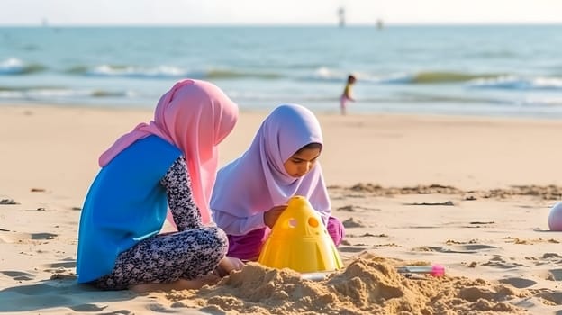 Muslim hildren making sand castles on the beach. Neural network generated in May 2023. Not based on any actual person, scene or pattern.