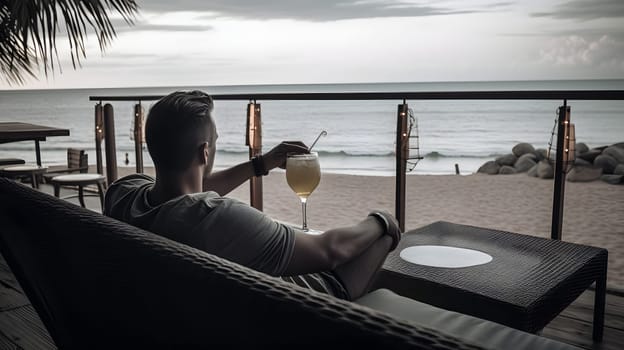 successful rich and beautiful caucasian man relaxing at summer beach resort with cocktail. Neural network generated in May 2023. Not based on any actual person or scene.