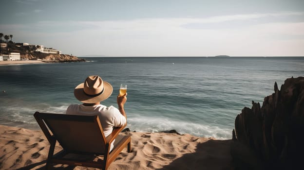 successful rich and beautiful caucasian man relaxing at summer beach resort with cocktail. Neural network generated in May 2023. Not based on any actual person or scene.