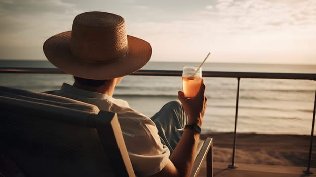 successful rich and beautiful caucasian man relaxing at summer beach resort with cocktail. Neural network generated in May 2023. Not based on any actual person or scene.