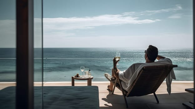 successful rich and beautiful caucasian man relaxing at summer beach resort with cocktail. Neural network generated in May 2023. Not based on any actual person or scene.