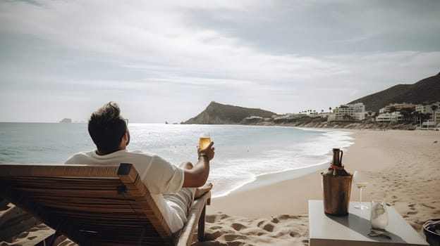 successful rich and beautiful caucasian man relaxing at summer beach resort with cocktail. Neural network generated in May 2023. Not based on any actual person or scene.