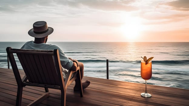 successful rich and beautiful caucasian man relaxing at summer beach resort with cocktail. Neural network generated in May 2023. Not based on any actual person or scene.