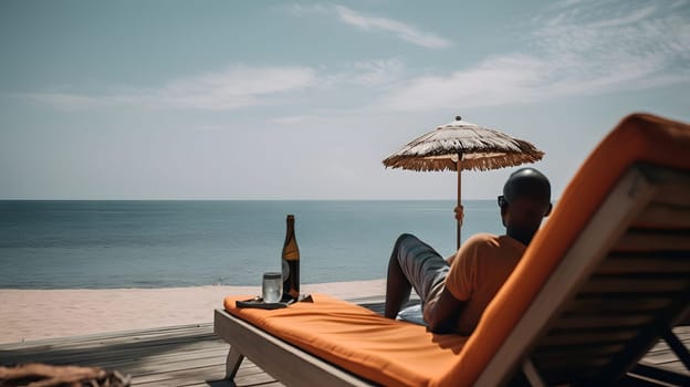 successful rich and beautiful caucasian man relaxing at summer beach resort with cocktail. Neural network generated in May 2023. Not based on any actual person or scene.