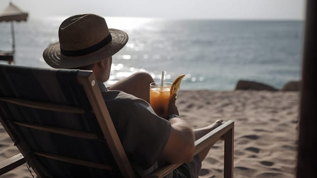 successful rich and beautiful caucasian man relaxing at summer beach resort with cocktail. Neural network generated in May 2023. Not based on any actual person or scene.