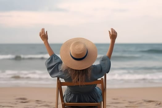 Summer beach vacation concept. Back view of woman in sun hat with rised hands on sunbed. Neural network generated in May 2023. Not based on any actual person, scene or pattern.